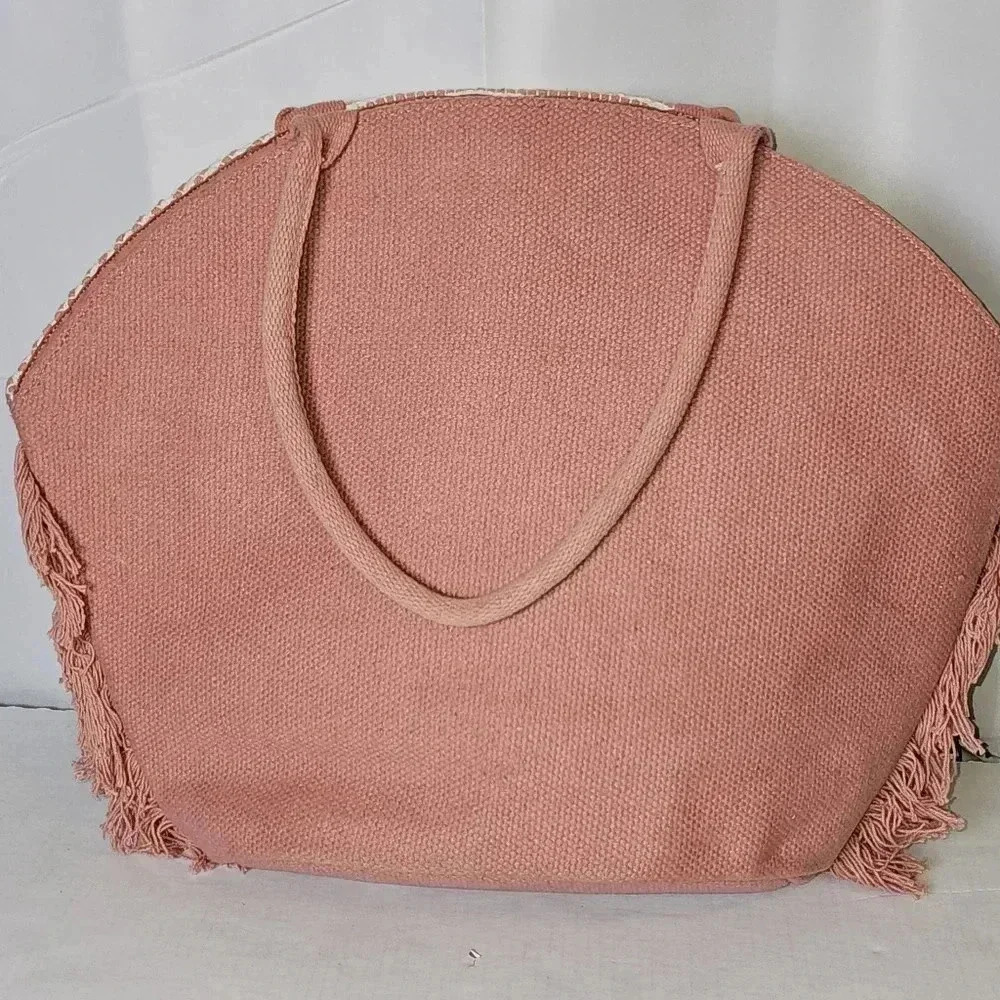 Shade & Shore Straw And Fringe‎  Mauve / White Beach Large Tote - Picture 9 of 13
